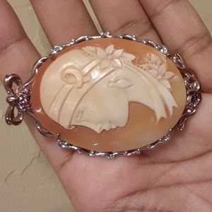925,  Handcarved shell Cameo, Breast Cancer Awareness Pendant. FIRM.